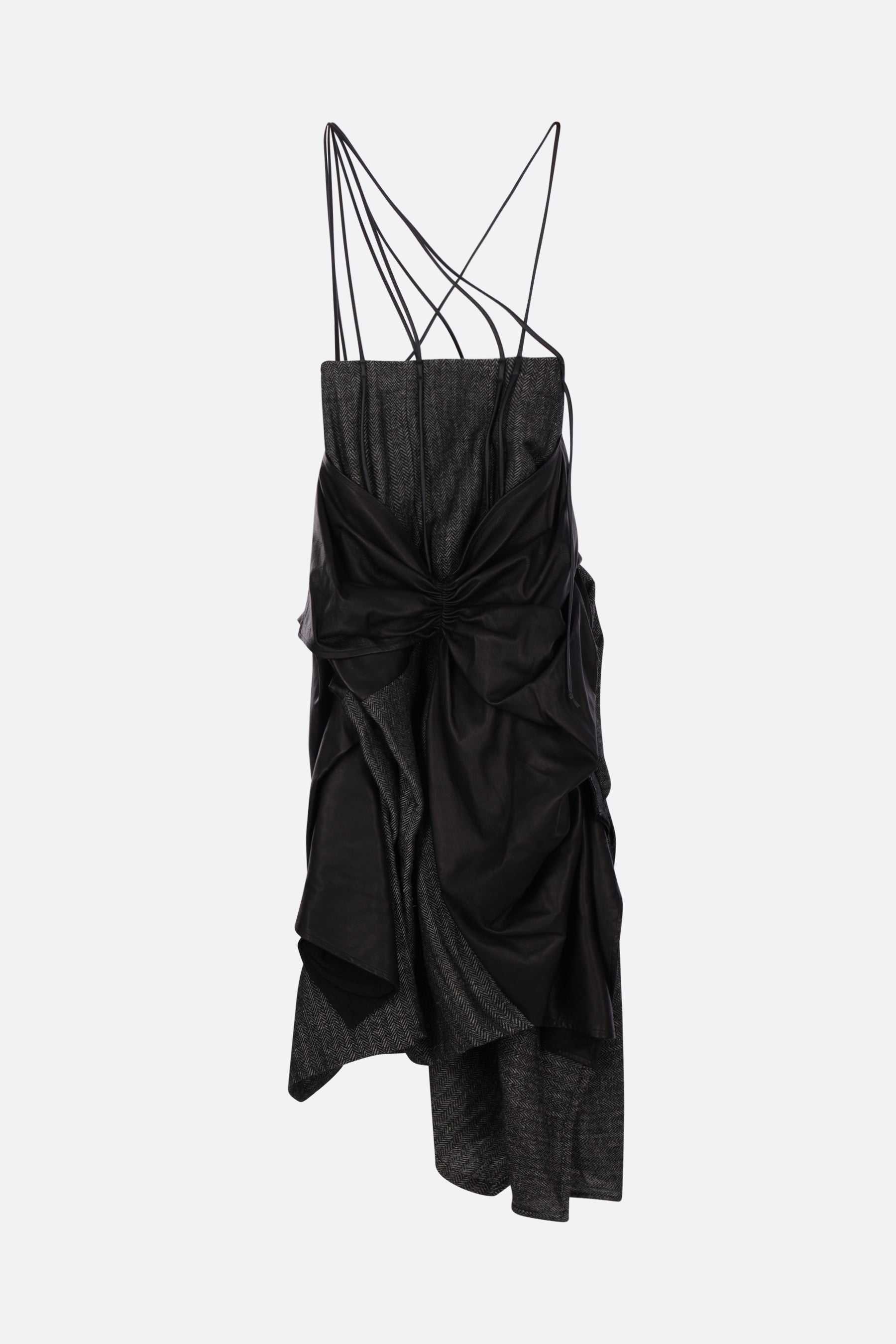 asymmetric skirt in herringbone wool and leather