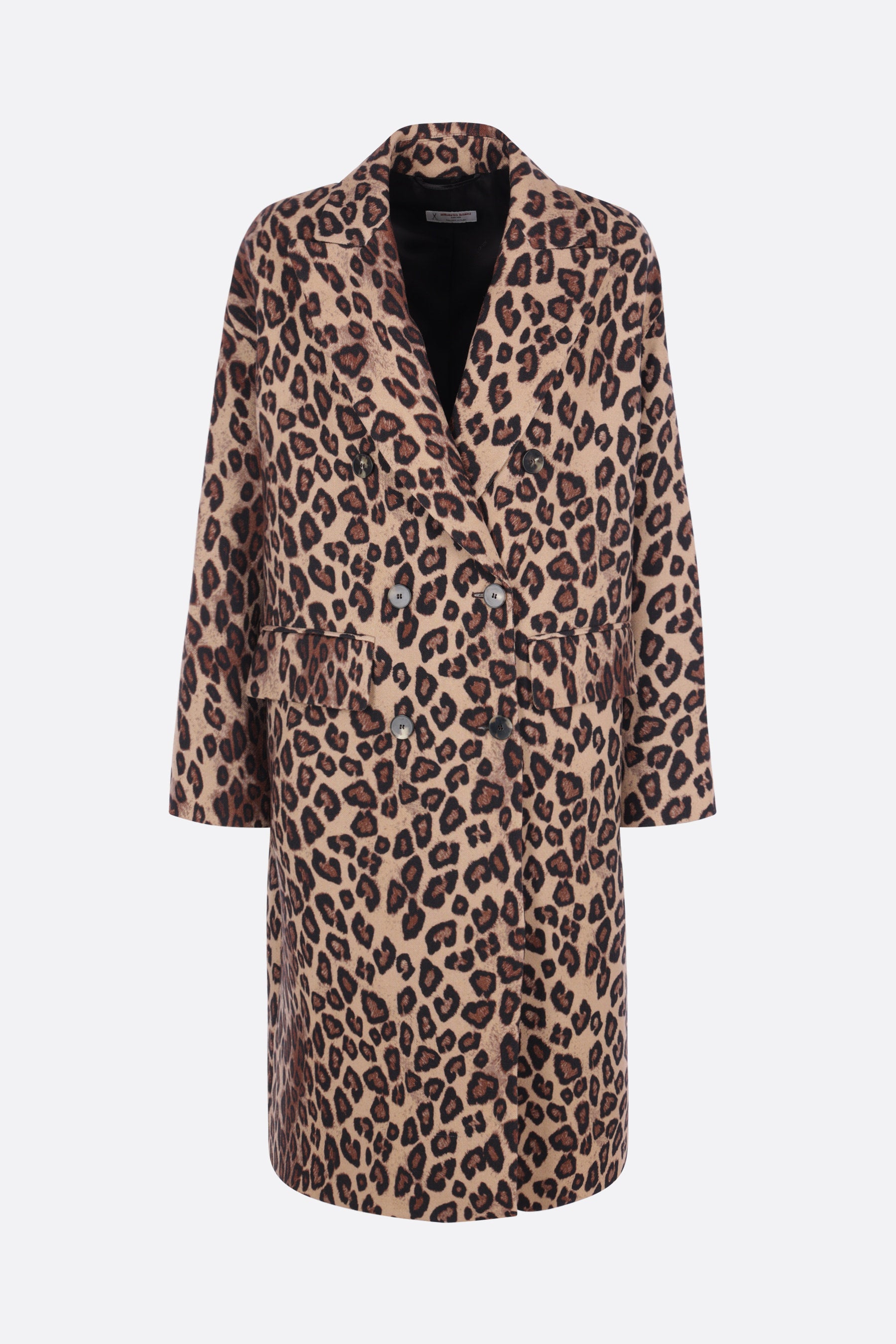 double-breasted coat in leopard printed wool