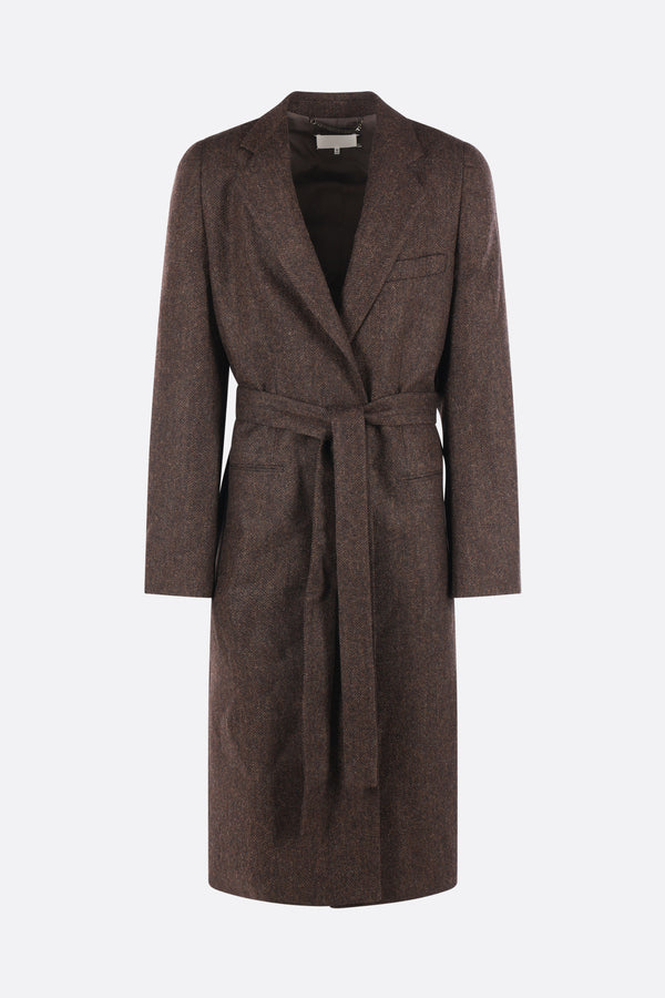 cappotto a vestaglia in lana spigata