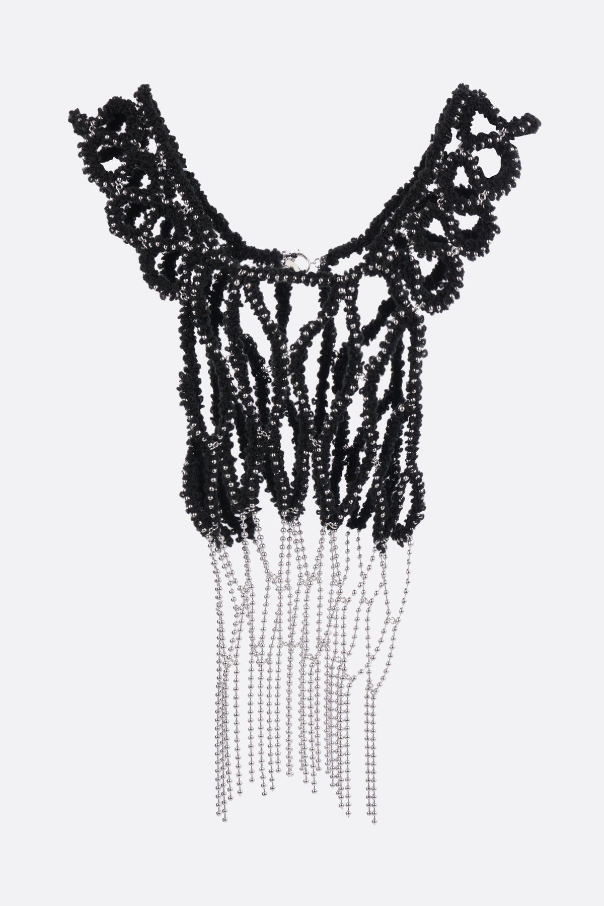 top smanicato in maglia a rete con frange metalliche