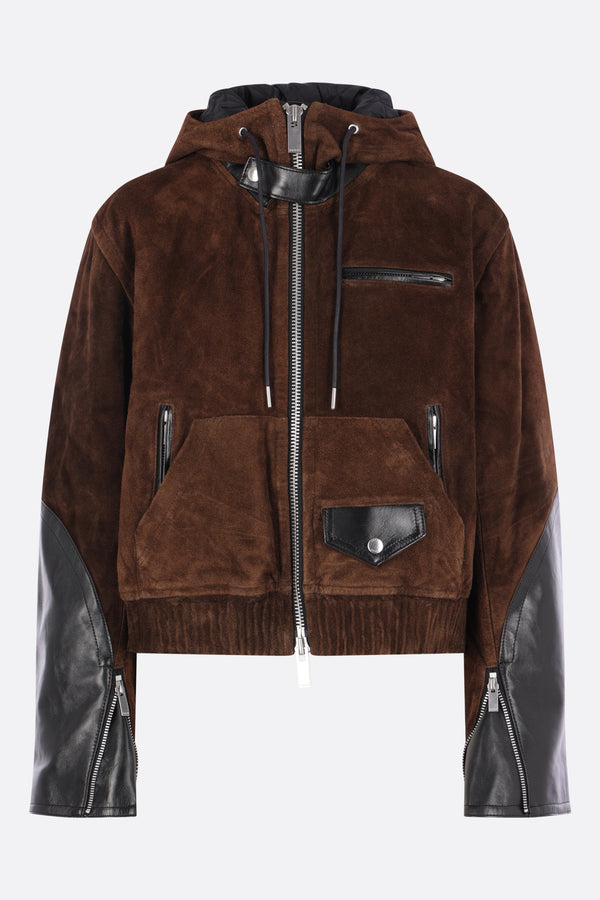 giubbotto con cappuccio in suede e pelle