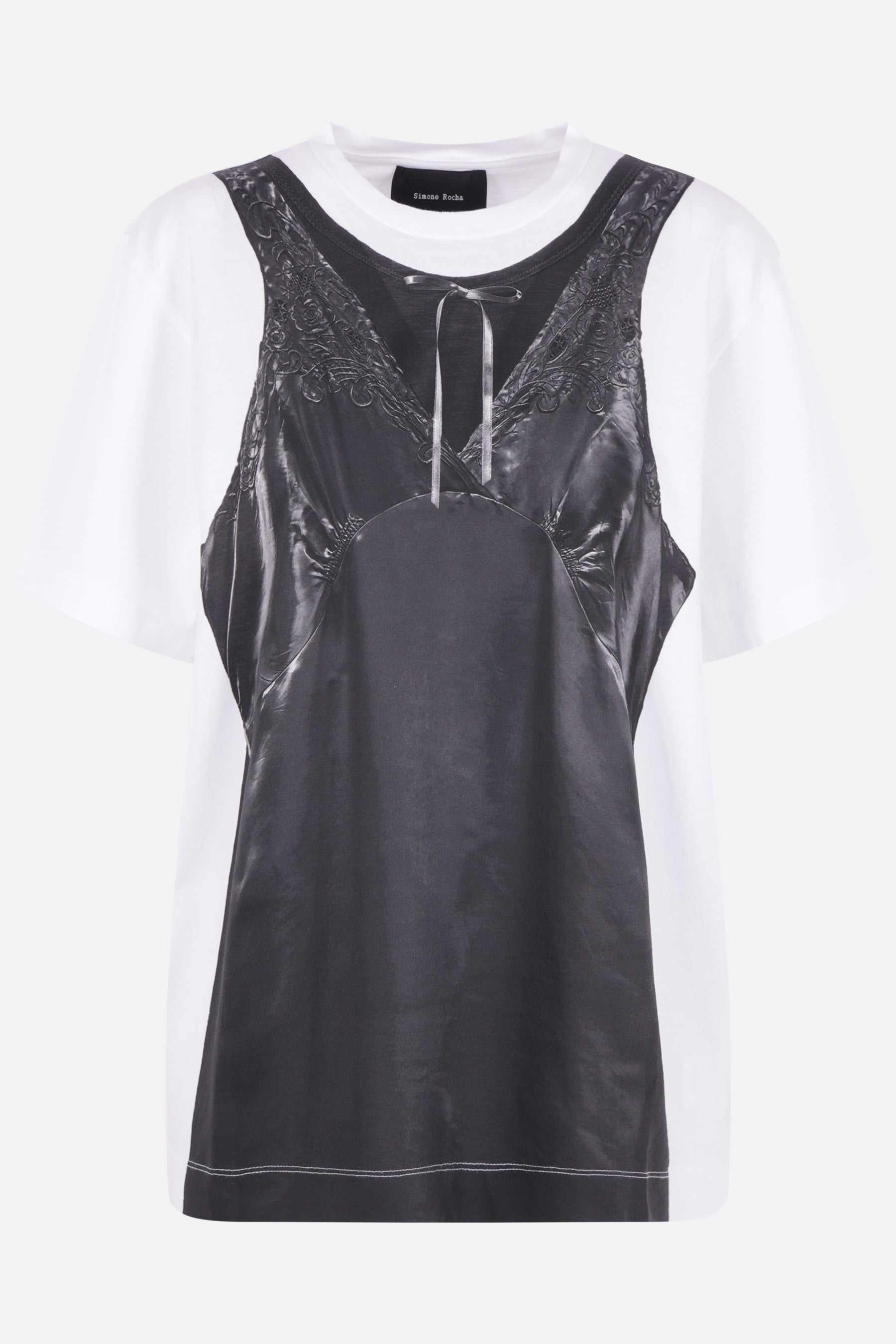 cotton t-shirt with Patchwork Satin Trompe L'Oeil print