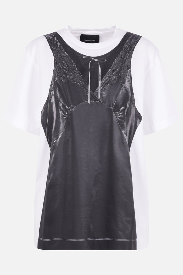 cotton t-shirt with Patchwork Satin Trompe L'Oeil print