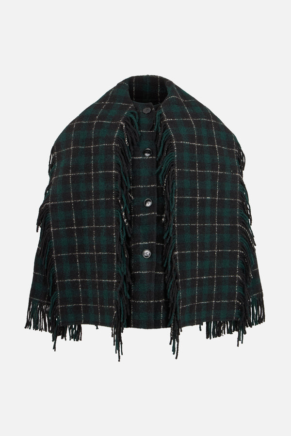 fringed scarf jacket in check wool blend