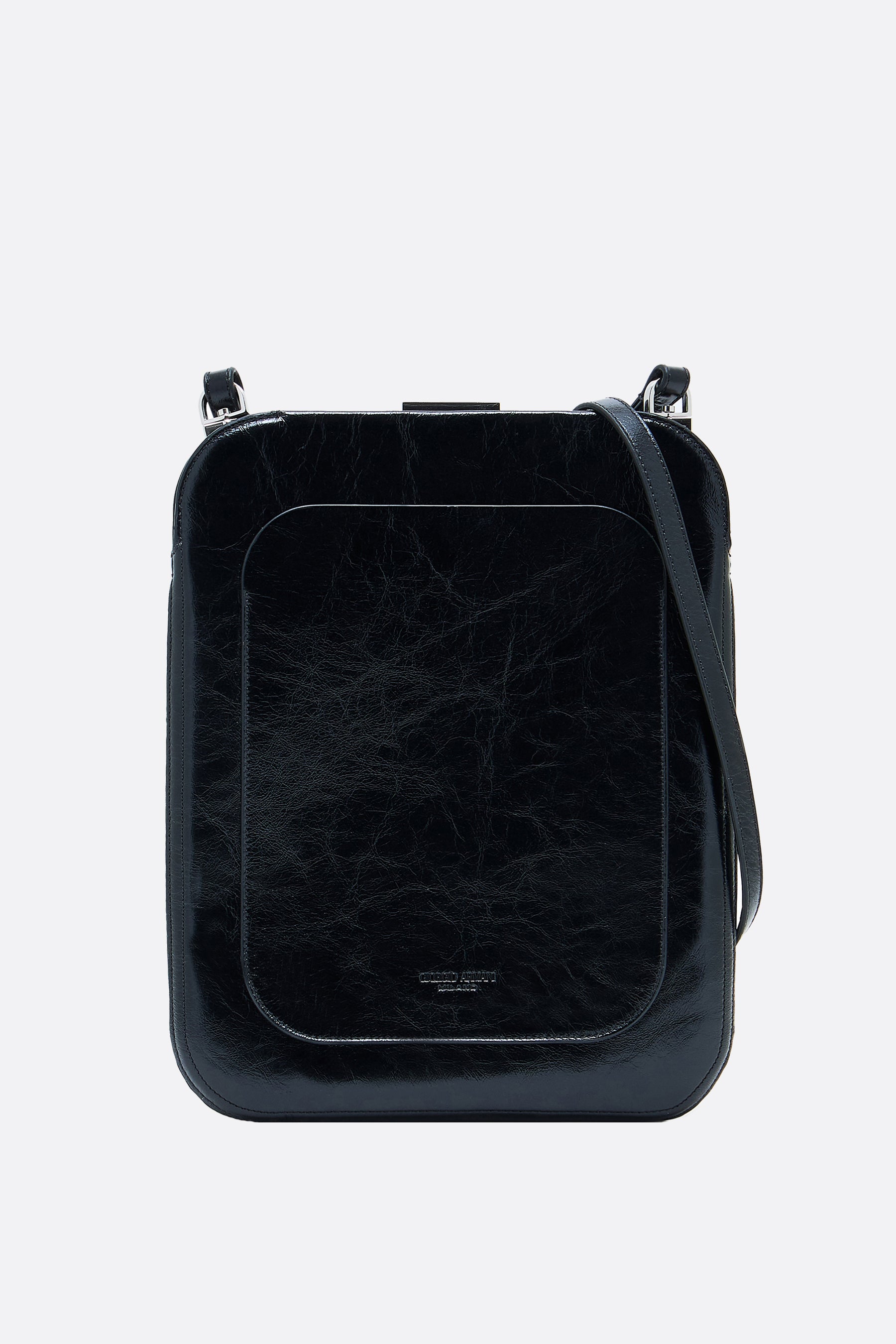 shiny leather messenger bag