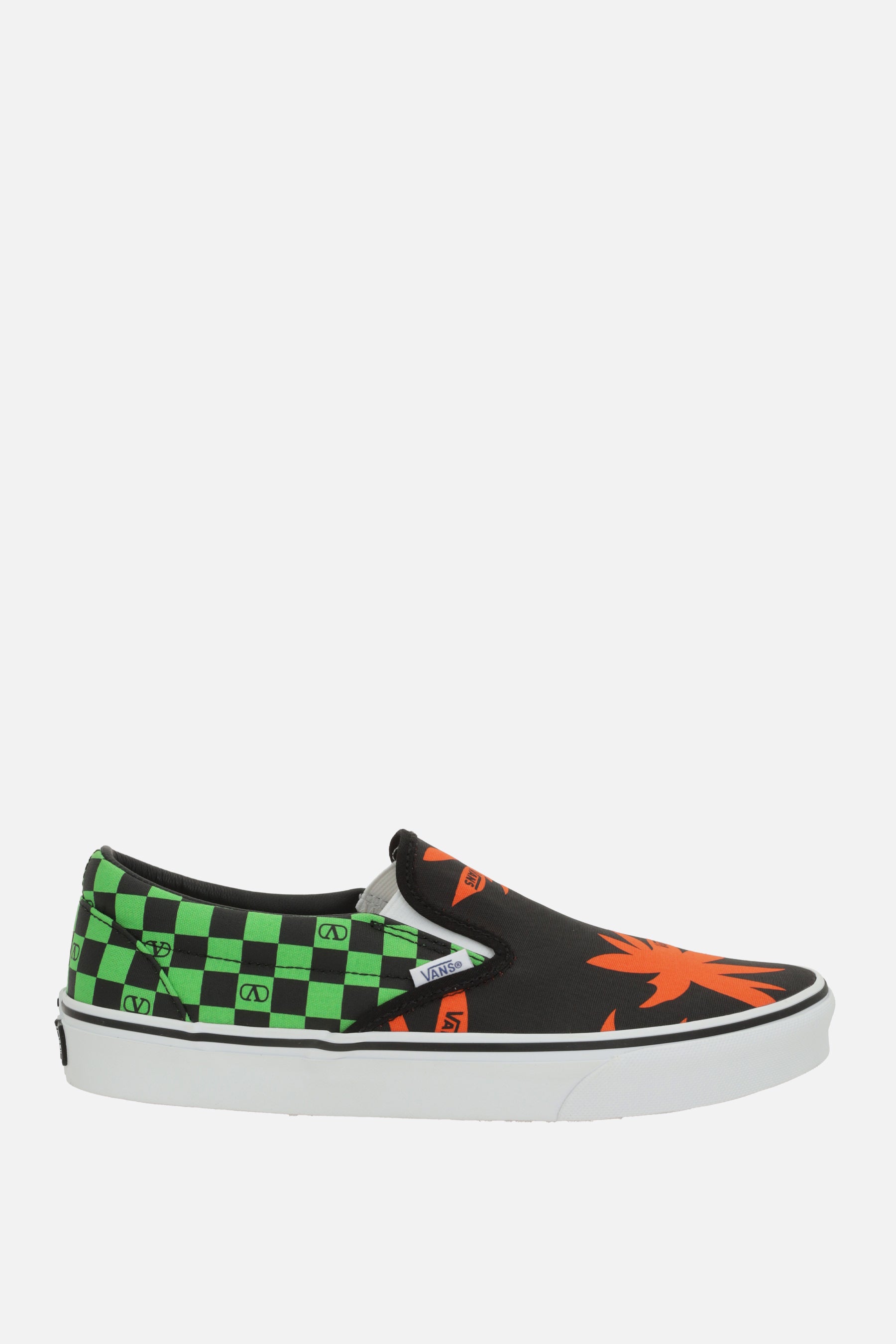 slip-on sneakers in Checkerboard and Tropical Leaves canvas