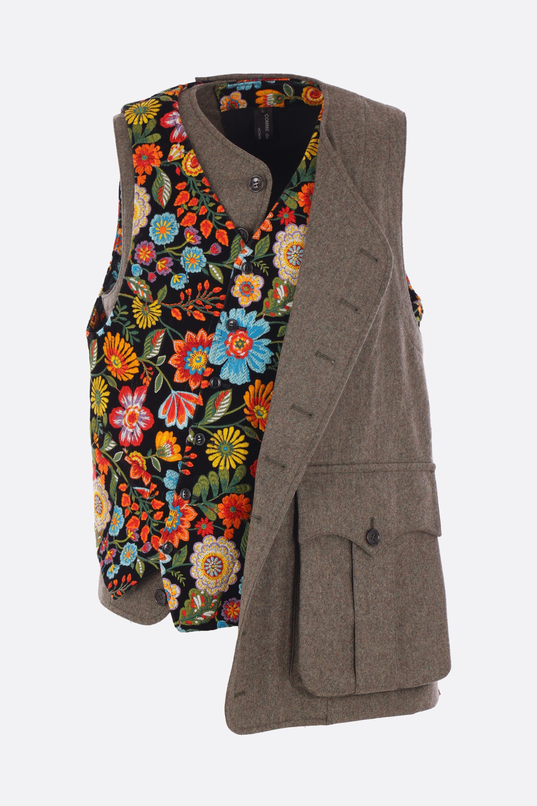 deconstructed vest in embroidered velvet and felt