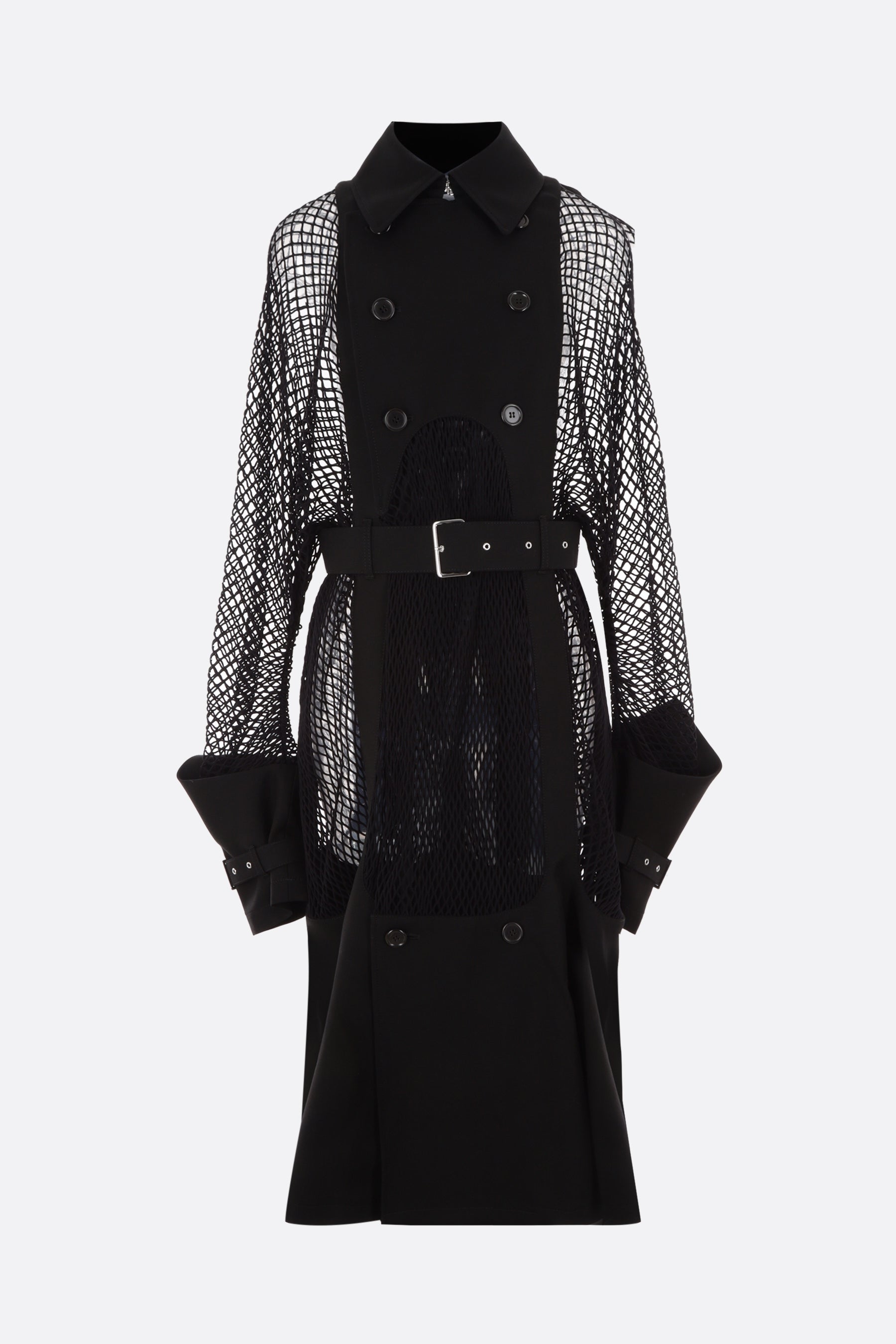 double-breasted wool and mesh trench coat