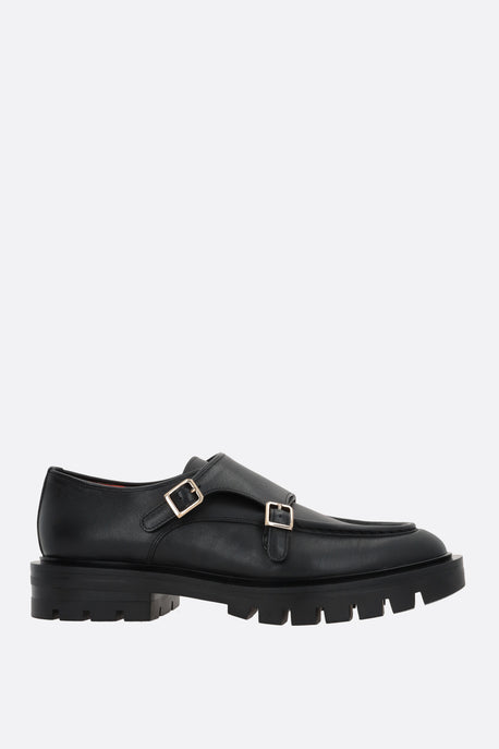 smooth leather monk strap shoes